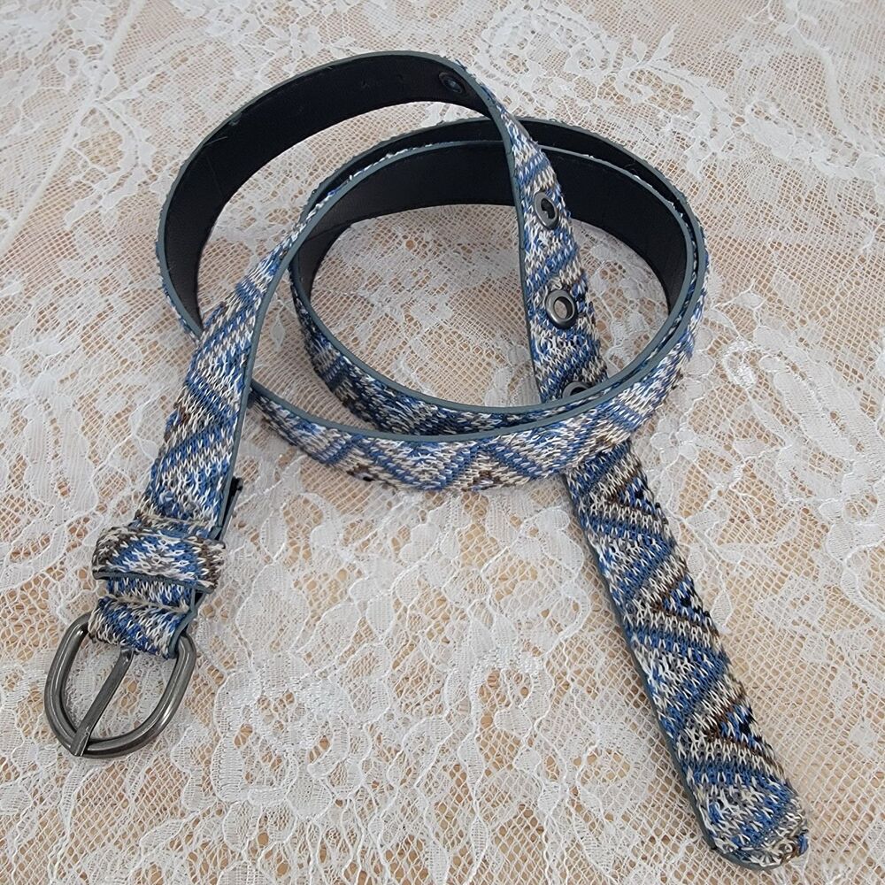 Womens Blue Cream Brown Chevron Woven Textile Boho Southwestern Belt 35" x 0.75"